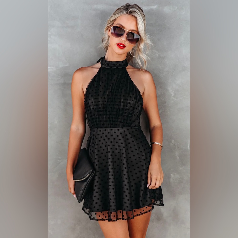 HALTER POLKADOT MINI DRESS - BLACK